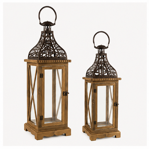 High Quality Rustic Farmhouse Wooden Decorative <b>Lantern</b> Set of 2 <b>Large</b> Vintage Distressed Wood and Filigree Metal Top Low Price - Product Image 6