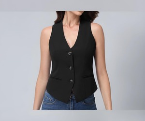 Women V-neck Sleeveless <b>Vest</b> Solid Color Button Front Casual Outer Wear <b>Black</b> Regular Length - Product Image 1