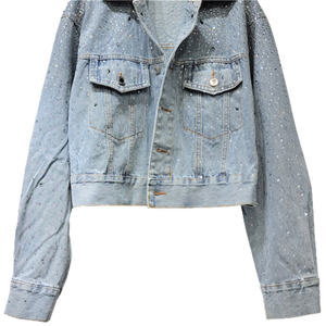 Solid Color Long Sleeve Pocket Diamond <b>Crop</b> <b>Jacket</b> Women Washed Fashion Rhinestone Ladies <b>Denim</b> <b>Jacket</b> Streetwear Outerwear - Product Image 4
