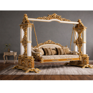 Columpio de Interior de Lujo con Estilo Indo-Occidental, Tallado a Mano, Clásico, Blanco y Dorado, de Madera de Teca, con Pilares Ornamentados, Reino Unido - Product Image 1
