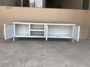 Modern White TV Stand with <b>Storage</b> Shelves and <b>Cabinet</b> Doors for Living <b>Room</b> Furniture Midcentury Design - Product Image 3