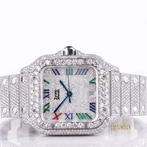 Montre mécanique de luxe carrée entièrement pavée de moissanite, cadran multicolore à chiffres romains, bracelet en acier inoxydable - Product Image 2