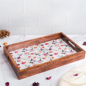 Plateau de service rectangulaire en bois émaillé de style nordique, grand plateau alimentaire décoratif pour le petit-déjeuner, idéal pour les bars, restaurants et fêtes - Product Image 1