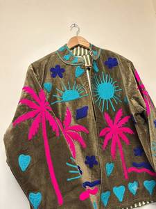Blouson Bomber en Velours Brodé Fait Main pour Femme, Motif Palmier et Soleil Floral, Écologique, Style Bohème, Vêtement d'Extérieur Hiver Automne - Product Image 4