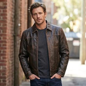 Chaqueta de Motociclista de Cuero Genuino para Hombre, Cuello Camisero, Cierre de Cremallera, Color Marrón Sólido, Largo Regular, para Otoño - Product Image 5