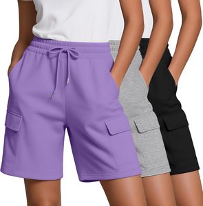 Women's Shorts Solid Color Cargo Shorts Mid Waist Drawstring Knitted Casual Pants With Pockets Regular Fit Purple Blue Black - Product Image 2
