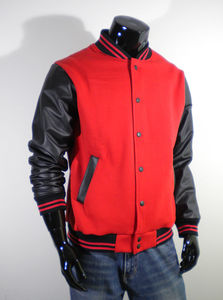 Veste universitaire rouge pour homme avec manches en cuir PU noir, col rabattu, fermeture éclair, vêtement décontracté pour l'automne - Product Image 4