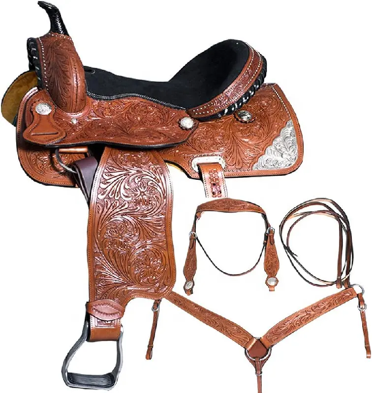 Sadel kuda pintar buatan kulit Roping Barat dengan tatahan tangan bunga dan ukiran tangan tersedia dalam kayu dan pohon kaca serat