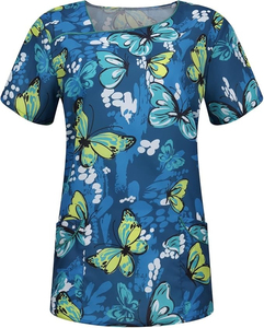 Fashion Butterfly Print Medical Scrub Top Womens Asymmetrical Neckline <b>Nurse</b> Uniform CustomSublimation Printed Hospital Workwear - Product Image 6