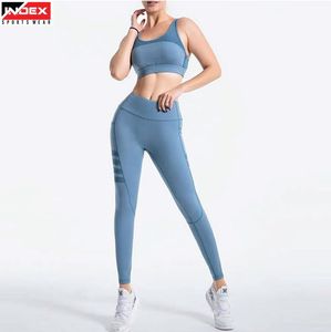 INDEX <b>Women's</b> 2-Piece Yoga Set High Waist <b>Leggings</b> Scoop Neck Racerback Sports Bra Solid <b>Blue</b> Breathable Spandex Polyester - Product Image 1