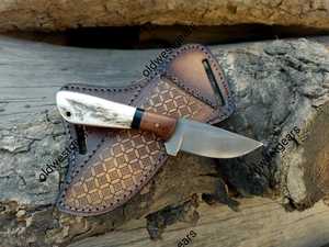 Cuchillo utilitario de acero de Damasco con hoja de punta curva, mango de madera, funda de cuero, 6.7 pulgadas de longitud total, grado DIY, punta afilada - Product Image 6