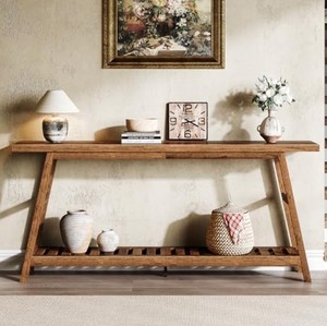 Modern Solid Wood Console Table with Storage Shelf <b>Trestle</b> Base Entryway Living Room Furniture - Product Image 3