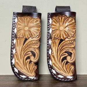 Estuche de Clip de cuchillo plegable de cuero hecho a mano personalizado hermoso de alta calidad funda de cuchillo de cuero Floral occidental cinturón superior abierto - Product Image 5