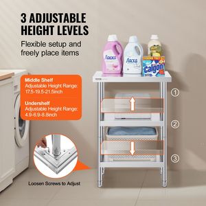 Tavolo per alimenti in acciaio inox 14X24X34 pollici tavolo da lavoro commerciale cucina 2 regolabile sotto scaffale metallo per barbecue resistente - Product Image 5