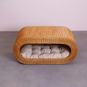 Modern Oval Rattan Pet Cave Bed Enclosed Wicker Pet House Cozy Hideaway Pet Nest with <b>Cushion</b> Breathable Handmade Cat Bed - Product Image 1