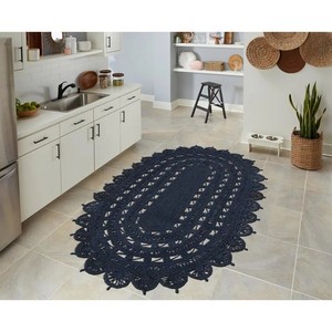 Tapis en jute bohème ovale fait main, motif médaillon, bleu foncé, poils plats, décoration de salon - Product Image 5