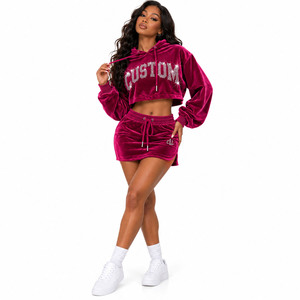 Trendy Fashion Velour Crop Hoodies Mini Skirt Set Custom Rhinestone Letter Women's Magenta Sporty <b>Velvet</b> <b>Tracksuit</b> Manufacturer - Product Image 1