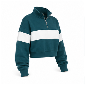 Sudadera Corta Personalizable para Mujer, Color Verde Azulado Oscuro, Corte Cuadrado, con Cierre de Cremallera de un Cuarto, de Algodón con Interior de Felpa - Product Image 3