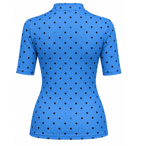 <b>Sky</b> <b>Blue</b> Polka Dot Women Mock Neck Short Sleeve T Shirt Slim Fit Stretch Casual Printed <b>Top</b> Fashion Summer Apparel Wholesale - Product Image 2