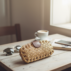 Pochette unique en rotin tressé à la main avec doublure en coton et accent en cuir, fermeture à bouton – Style resort éco-chic pour petits essentiels - Product Image 3