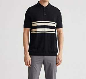 Polo en maille noir à double rayure pour homme 2026 – Coupe ajustée performance, manches courtes, style décontracté chic, vêtement athlétique premium HD - Product Image 1