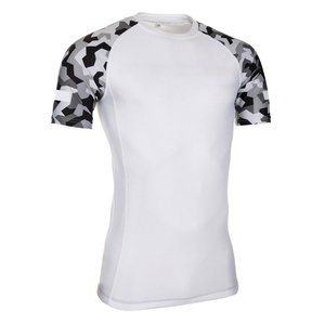 Men's Short Sleeve <b>Compression</b> Rash Guard White With Gray <b>Black</b> Camo Sleeves Quick Dry Polyester Athletic <b>Shirt</b> Top - Product Image 1