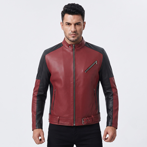 Blouson en cuir pour homme, style motard, en cuir premium, avec ceinture à la taille et poche poitrine - Product Image 6