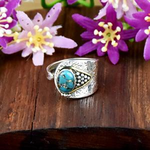 Bague ajustable en argent sterling 925 avec pierre précieuse turquoise bleue naturelle, gravée, bijou artisanal de haute qualité - Product Image 3