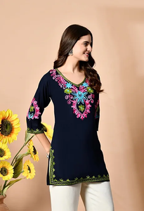 <b>Women's</b> <b>Navy</b> Blue Embroidered Rayon Kurta <b>Top</b> Regular Fit Mini Length Casual Wear India Pakistan Design All Seasons - Product Image 3