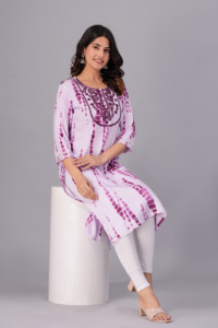 Women Purple Tie <b>Dye</b> Printed Kurti with , 3/4 Sleeves Embroidery Casual Ethnic Wear Straight Kurta for Daily Wear . - Product Image 2