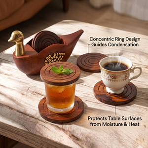 Handmade Wooden <b>Coaster</b> <b>Set</b> With Brass Duck Holder. Unique Engraved Cut Design Handcrafted Tableware For Bulk Home & Bar Decor - Product Image 6