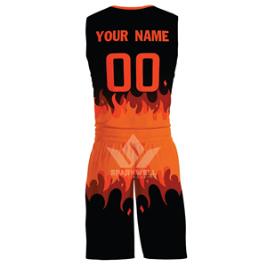 Conjunto de Uniforme de Baloncesto Sublimado Personalizado con Diseño de Llamas, 100% Poliéster, Absorbente de Humedad, Unisex, para Adultos, Cuello en V, Sin Mangas - Product Image 2