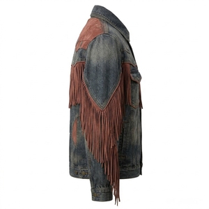 Custom Vintage Blue Denim <b>Jacket</b> Brown Suede <b>Fringe</b> Western Contrast Yoke OEM ODM Manufacturer Retro Distressed Coat - Product Image 3