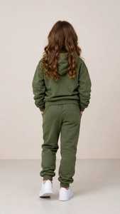 Ensemble de survêtement à capuche vert olive pour filles, manches longues, couleur unie, sweat-shirt et pantalon décontractés avec poches latérales, 100% coton, automne - Product Image 4