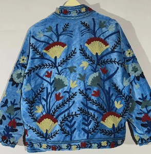 Sky Blue Velvet Woven Embroidered Floral Mandarin Collar Full Sleeve Women's Outerwear Boho Winter Jacket Cotton Lining <b>Gift</b> Her - Product Image 4