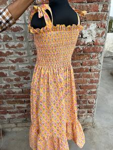 Robe longue en coton indien imprimée à la main, col carré, sans manches, imprimé floral, robe de soirée décontractée maxi pour femmes - Product Image 3