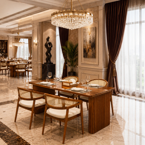 Ensemble de salle à manger contemporain et moderne en teck massif, fait main, avec chaises Aura cannelées et coussins en rotin, mobilier de salle à manger durable - Product Image 6