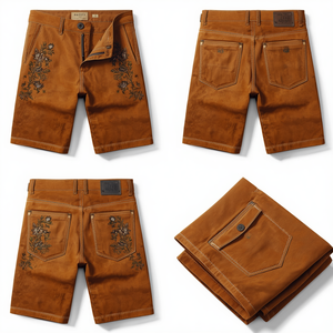 Pantalones Cortos de Gamuza Premium para Hombre, Estilo Rústico Color Bronceado con Bordado, Personalizados, OEM, ODM - Product Image 3