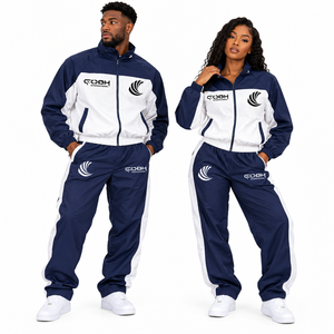 Ensemble de survêtement unisexe bleu marine et blanc, veste zippée intégrale et pantalon, sportif, respirant, en polyester, pour l'automne, vêtements décontractés et actifs, sports de plein air - Product Image 2