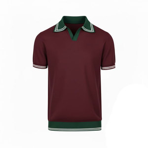 Chemise à manches courtes en coton tricoté anti-boulochage pour homme, couleur unie, coupe décontractée, col et poignets à bordure verte - Product Image 5