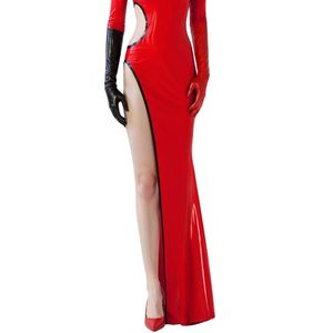 <b>Red</b> <b>Latex</b> Bodycon Maxi <b>Dress</b> With Sweetheart Neck Long Sleeve High Slit Party Wear - Product Image 2