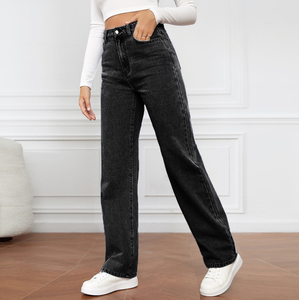 Jeans de cintura alta y pierna ancha, negros, rectos, personalizados, de mezclilla para mujer, a la moda, casuales, holgados, estilo streetwear. - Product Image 3
