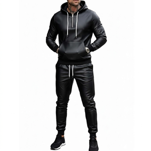 PU Leather Casual Solid Hooded Fleece Lined Windproof Eco-friendly High End Biker Style Tracksuit Set Winter - Product Image 5