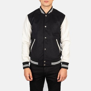 Chaqueta Varsity Negra para Hombre con Mangas Blancas de PU, Corte Regular, Cuello Alto, Cierre de Botones Cubiertos, Estilo Casual, Resistente al Viento, Bordada - Product Image 5