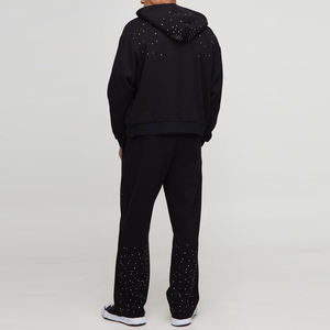 Conjunto Deportivo con Capucha para Hombre, Color Negro, Diseño con Puntos de Diamantes de Imitación, Corte Holgado, Casual, Largo, 100% Algodón, Ropa de Otoño - Product Image 5