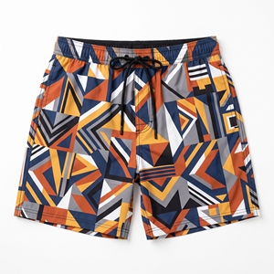 Geometric Print Woven Casual Men's Swim Shorts Drawstring <b>Elastic</b> Waist Quick Dry - Product Image 1
