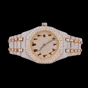 Montre-bracelet en quartz diamantée, cadran à chiffres arabes dorés, lunette sertie de pierres précieuses, bracelet en acier inoxydable, affichage de la date, 46 mm, luxe - Product Image 1