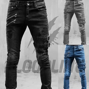 Jeans de Mezclilla Negros para Hombre, Corte Slim, Desgastados, Estilo Punk, Pierna Recta, Algodón de Peso Medio, Otoño, Marca Bloodline - Product Image 4