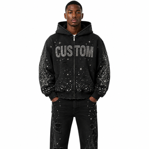 Sudadera con capucha de alta calidad con cremallera, lavado ácido, corte holgado, peso pesado, personalizada, con pedrería completa y efecto desgastado para hombre - Product Image 3