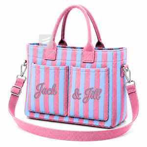 Custom Jack & Jill of America Tote bag sky blue and pink Embroidered Logo Striped Daily Use Large Capacity <b>Canvas</b> Tote bag - Product Image 1